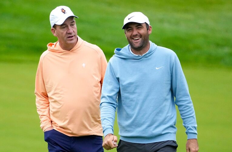 Scotty Scheffler breaks out with laughter after Peyton Manning’s wild tee shot